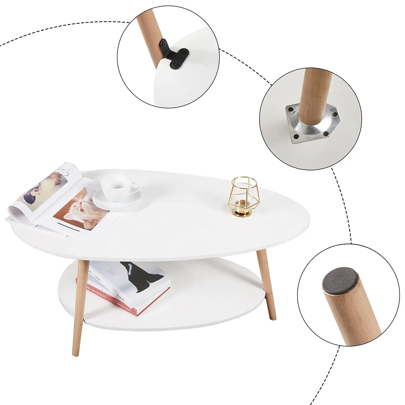 Vabches Coffee Table Oval Wood End Table with 2 Tier Open Storage Shelves White Modern Sofa Side Table for Living Room Furniture