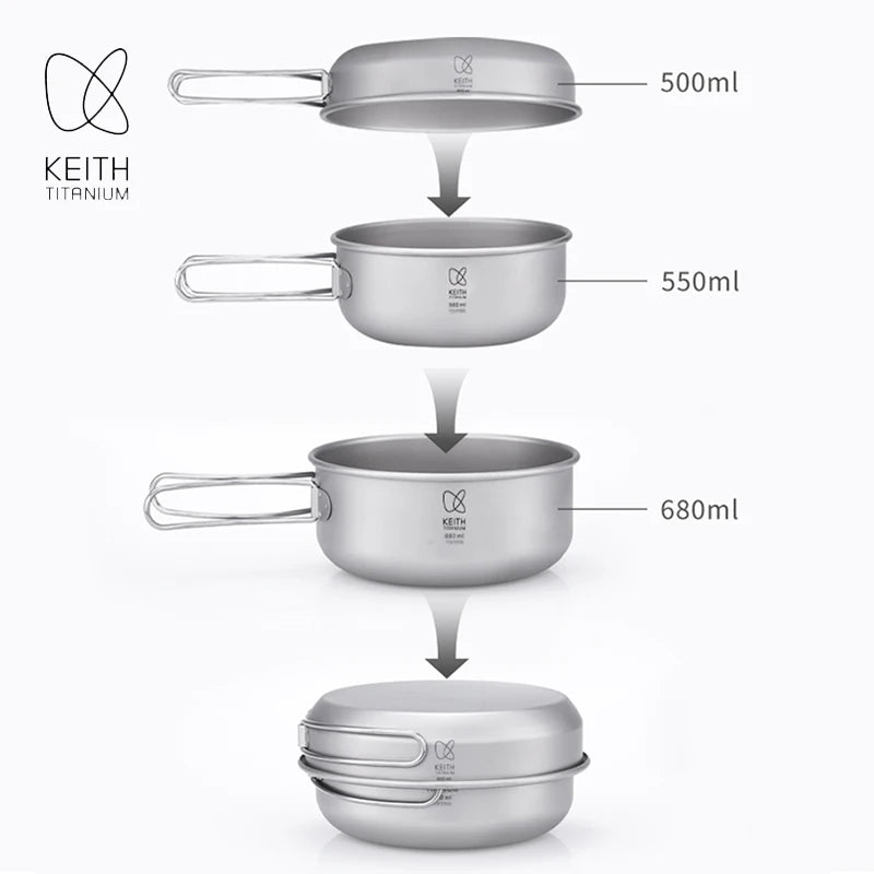 KEITH Compact Titanium Camping Cookware Set 3-Piece Nesting Pot with Folding Handle & Carry Bag, Lightweight Portable
