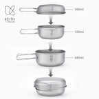 KEITH Compact Titanium Camping Cookware Set 3-Piece Nesting Pot with Folding Handle & Carry Bag, Lightweight Portable