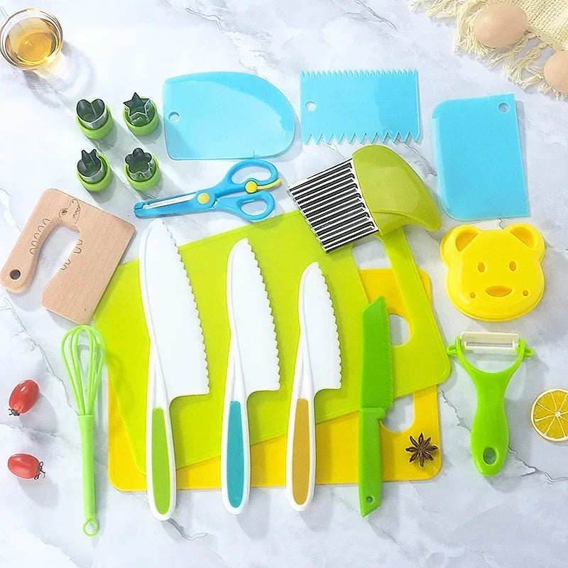 13/17PCS Montessori Kids Cooking Set Safe Knives Toddler Kitchen Tools for 2-8 Year Old Real Cooking Role Play Toy