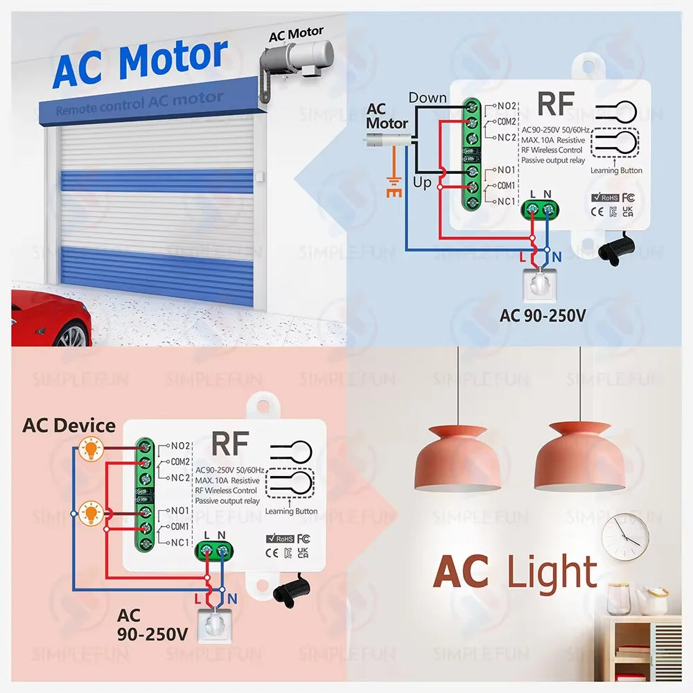 Rf 433Mhz Wireless Remote Control Switch AC110V 220V 230V 10A 2300W 2CH Relay Receiver Remote Control for Lights garage door