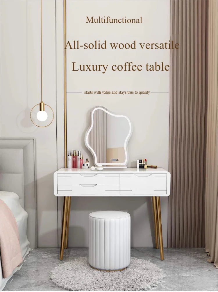 Modern Luxury Dresser Set With Mirror And Lights Mirror Drawer Solid Wood Small Apartment Room White Makeup Furniture Design
