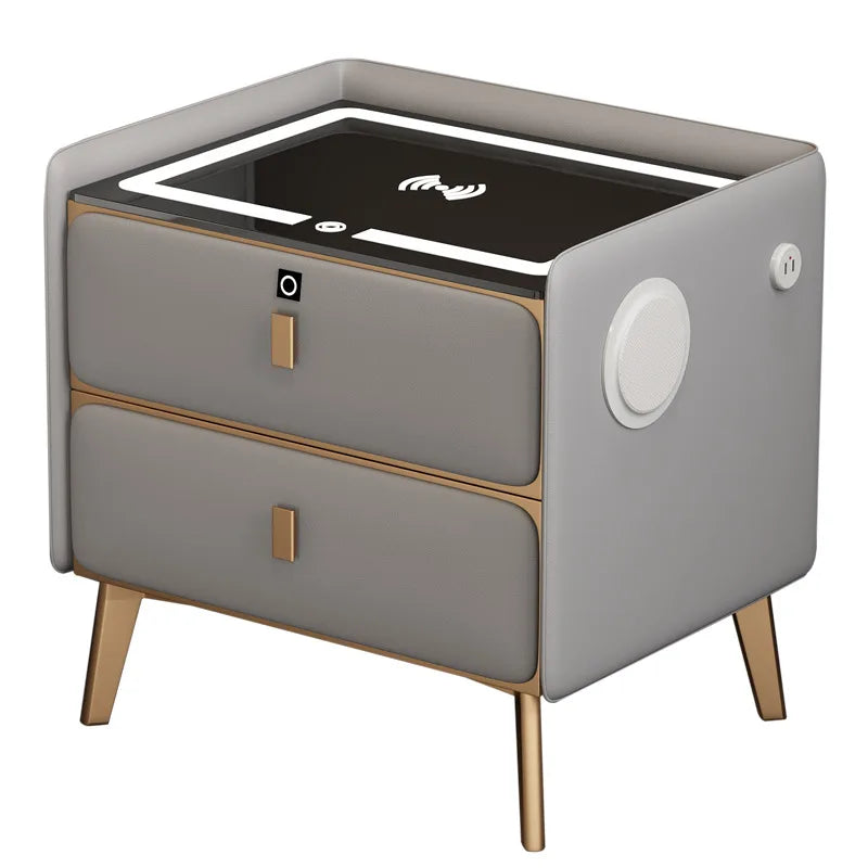 Smart Wooden Bedside Table Modern Style Multi-function Bedroom Nightstand with Wireless Charging Fingerprints Lock