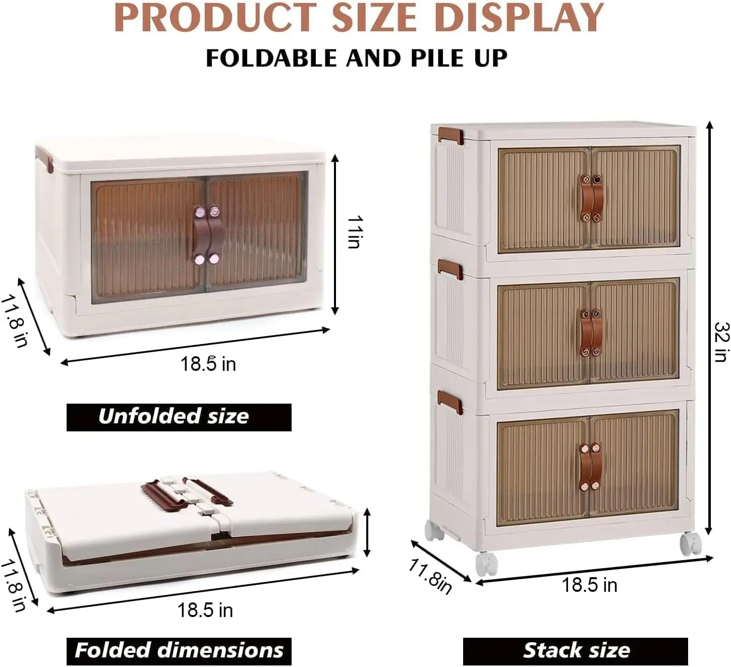 3-Tier Foldable Storage Box with Wheels, Stackable Collapsible Storage Box Portable Organizer Versatile Closet for Home/Office