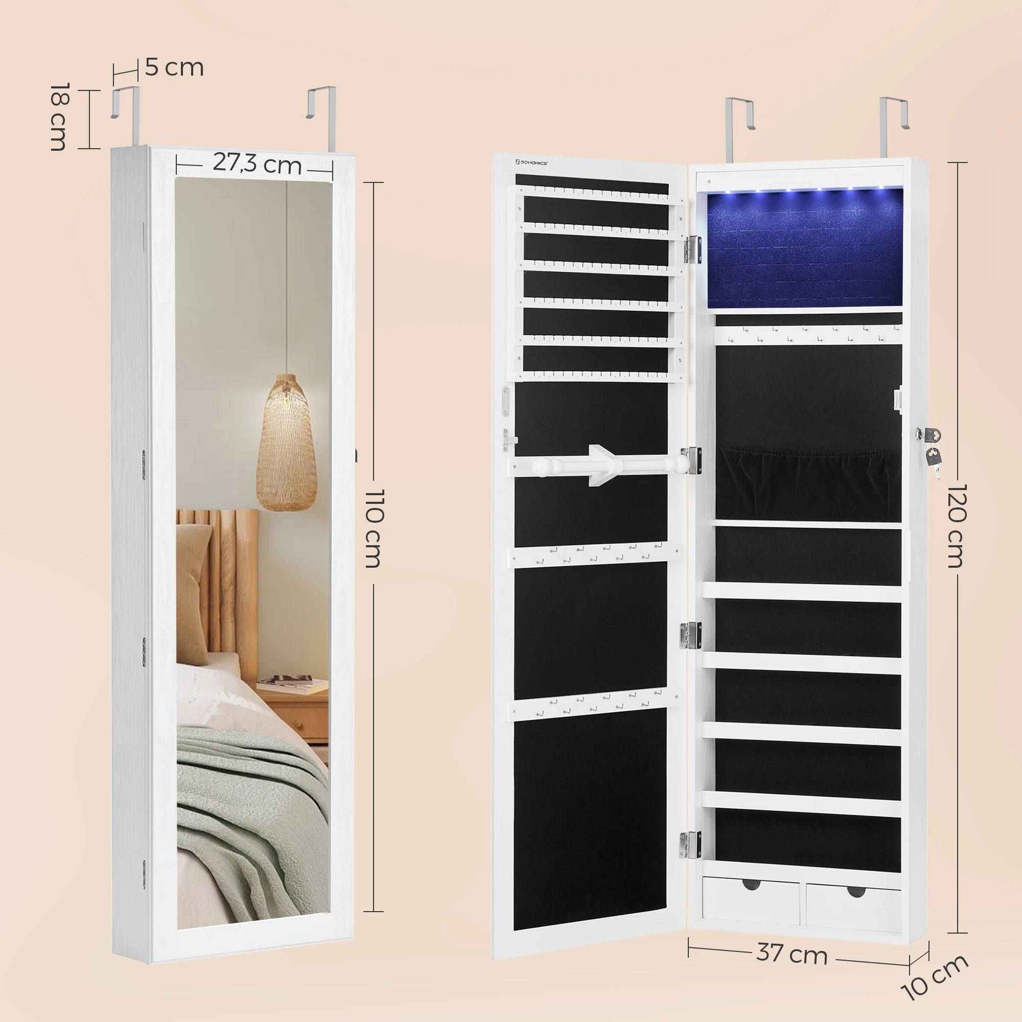 Armoire à Bijoux Mural pour Colliers, Boucles d'Oreilles, avec Miroir, Divers Compartiments, Verrouillable, Blanc