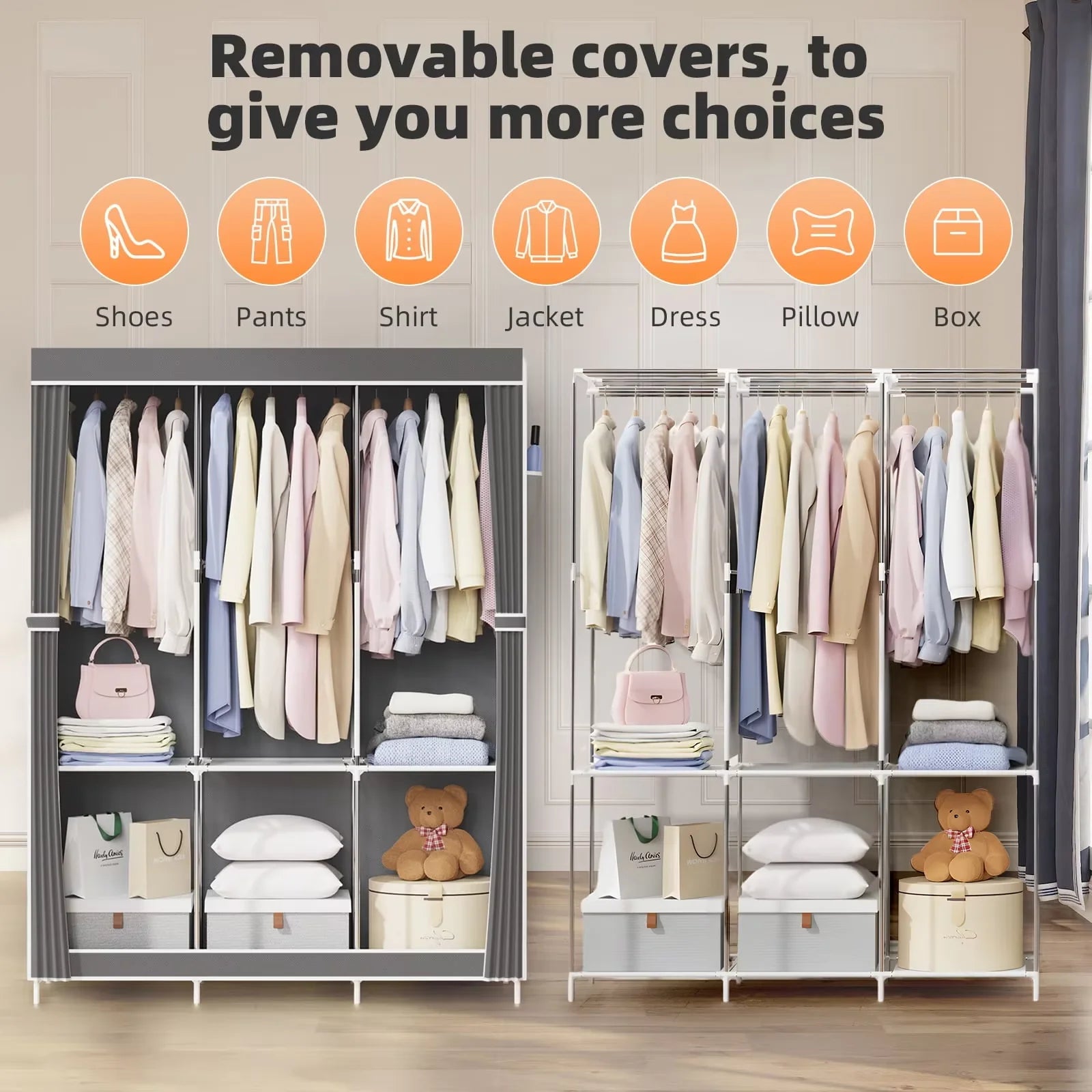 Space saving portable closet organizer, adjustable small space storage rack, easy to assemble, durable and versatile