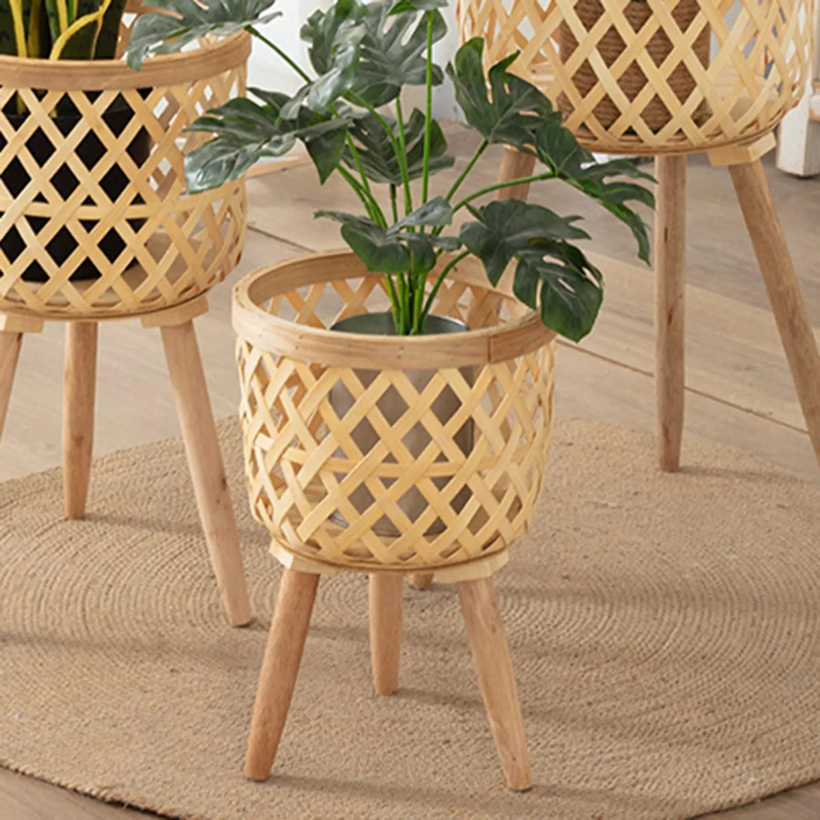 Hand Woven Flower Pot Tripod Stand Detachable Rattan Pot Wood Pastoral Flower Baskets for Balcony Planters Home Indoor Decor