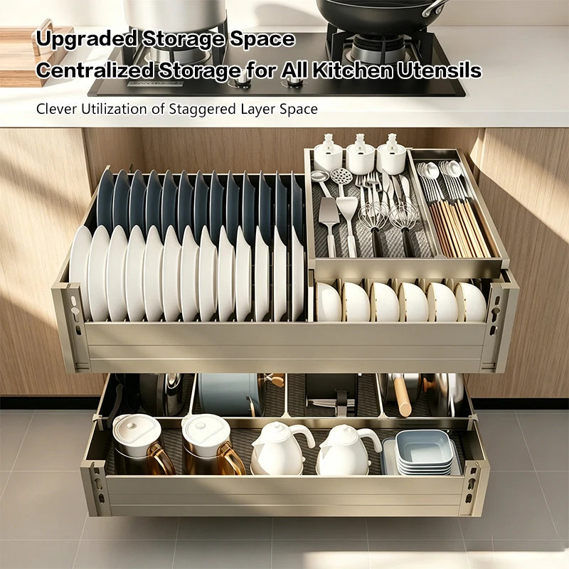 304 Stainless Steel 3 Tier Kitchen Cabinet Pull Out Drawer Bowl Plate Rack With Inner Drawer Storage Organizer For Pots Pans