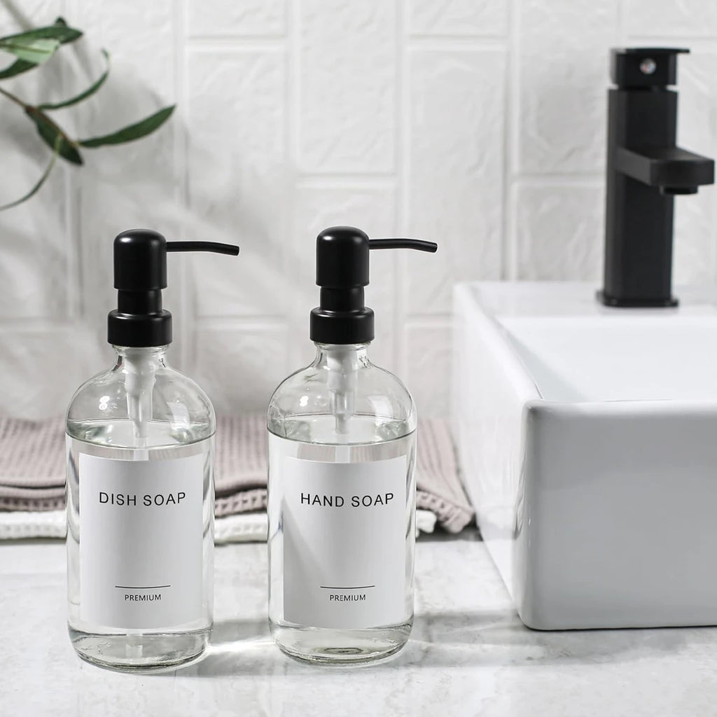 Clear Glass Soap Dispenser Set for Bathroom, Kitchen Liquid Hand Dish Soap Dispenser with Stainless Steel Pump, 2pcs 16 Oz 500ml