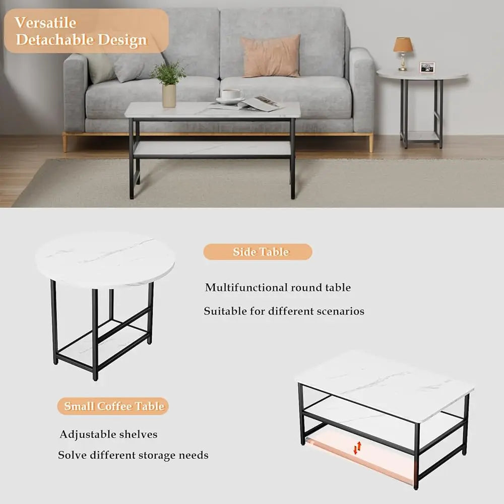 Coffee Table, White Modern Coffee Tables For Living Room, Detachable 2 Small Coffee Tables, Faux White Marble