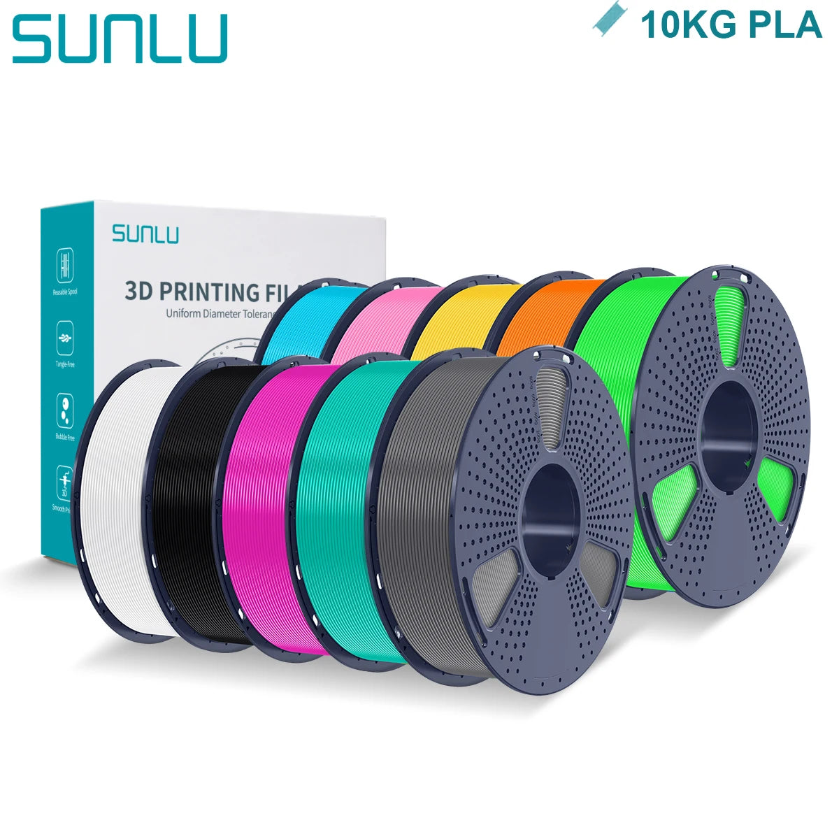 SUNLU PLA 3D Printer Filament 1.75mm - 10 Rolls x 1KG | Neatly Wound