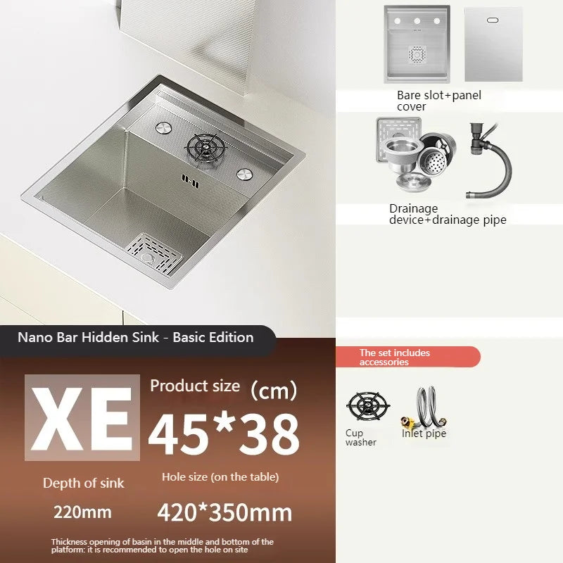 Hidden Bar Sinks Cup Washer 304  Stainless Steel Kitchen Sink Small Silver Single Slot With Lid Bar Balcony Wash Basin