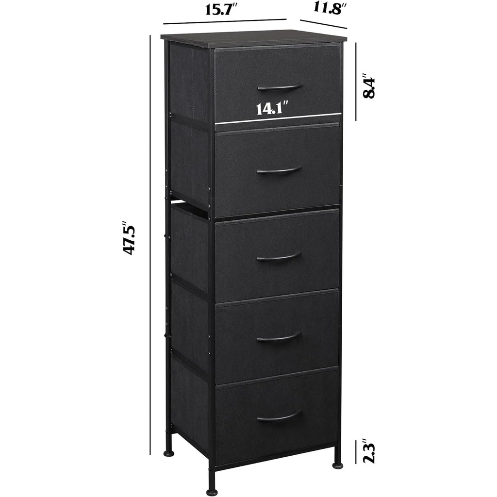 Fabric Dresser, 5-Drawer Tall Dresser for Bedroom, Storage Dresser Organizer with Fabric Bins, Wood Top, Sturdy Steel Frame