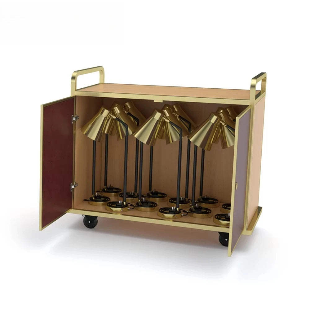 Hotel and restaurant kitchens with heating lamps, transportation and storage trucks