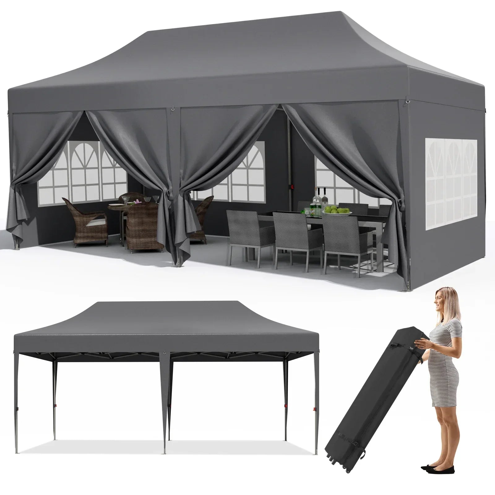 Pavilion Popup Gazebo 3x6m Waterproof Folding Gazebo Tent Party Tent 6 Side Panels Fully enclosed UV 50+ Height Adjustable 2-3M
