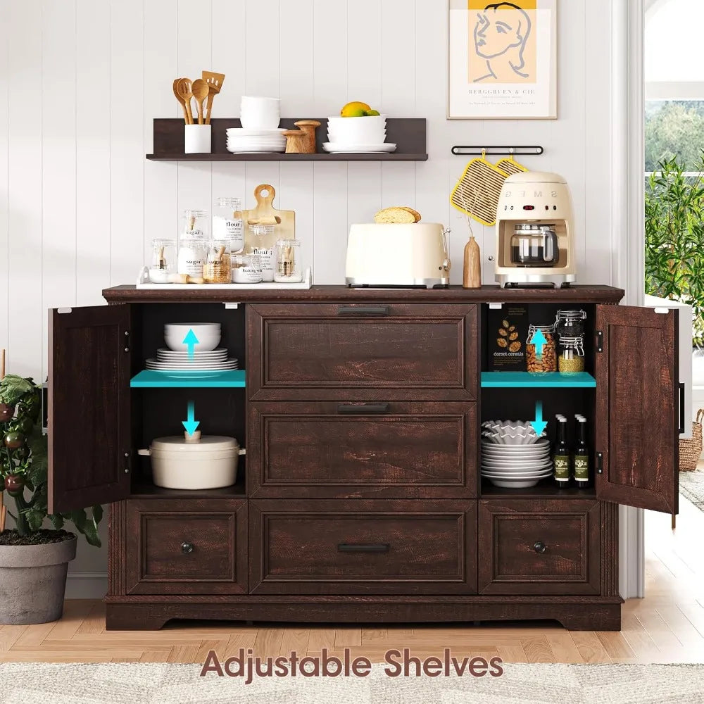 Farmhouse 48" Buffet Cabinet with Storage,Coffee Bar for Kitchen,Living Room,Wood Rustic Sideboard Cabinet w/5 Drawers&2 Groove
