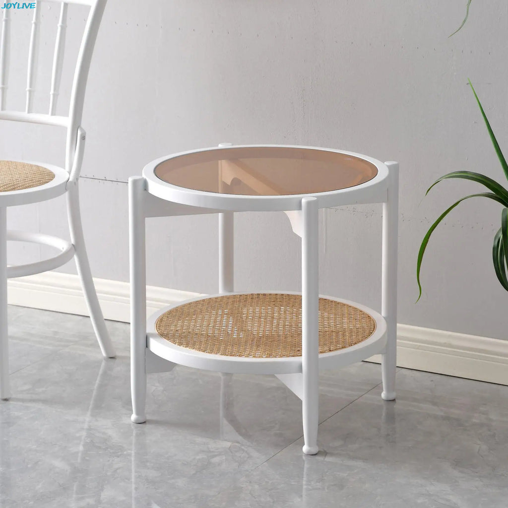 JOYLIVE Rattan Coffee Table Japanese Double Layer Detachable Solid Wood Table Glass Round Home Small Table 2022 New Dropshipping