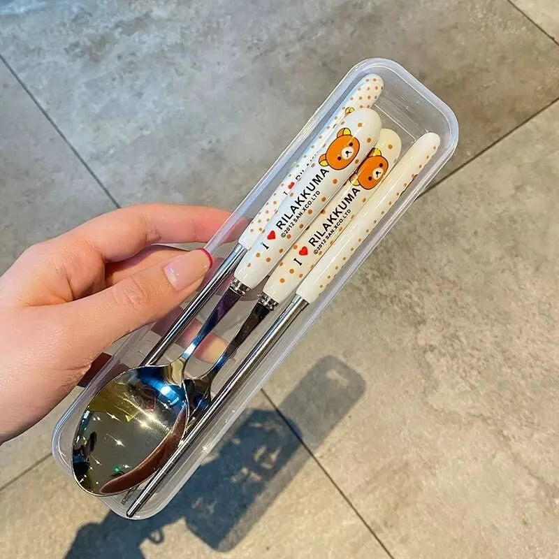 Rilakkuma Cute Tableware Bowl Spoons Forks Chopsticks Plate Fruit Snack Plate Food Bowl Cup Anti Drop Kitchen Tableware Gift