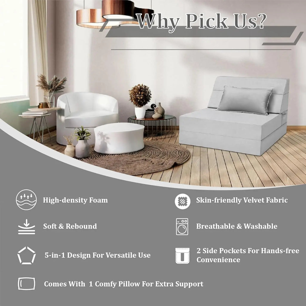 5 In 1 Folding Sofa Bed, Single Size Convertible Sleeper Chair With Pillow, Memory Foam Futon Couch, Velvet Fabric Washable