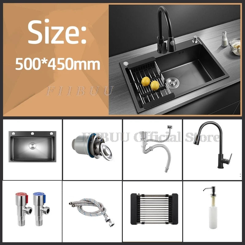 Black Nano Wash Basin Single Sink creative Stainless Steel Kitchen Sinks Drain Set Home Handmade Wash Basin Kitchen Accessories