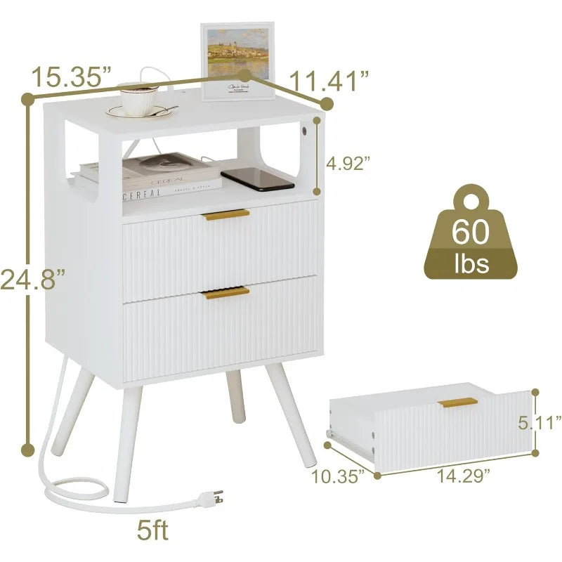 White Nightstand with Charging Station and Lights,Modern Bedside Table with 2 Storage Drawer and Open Wood Shelf
