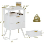 White Nightstand with Charging Station and Lights,Modern Bedside Table with 2 Storage Drawer and Open Wood Shelf