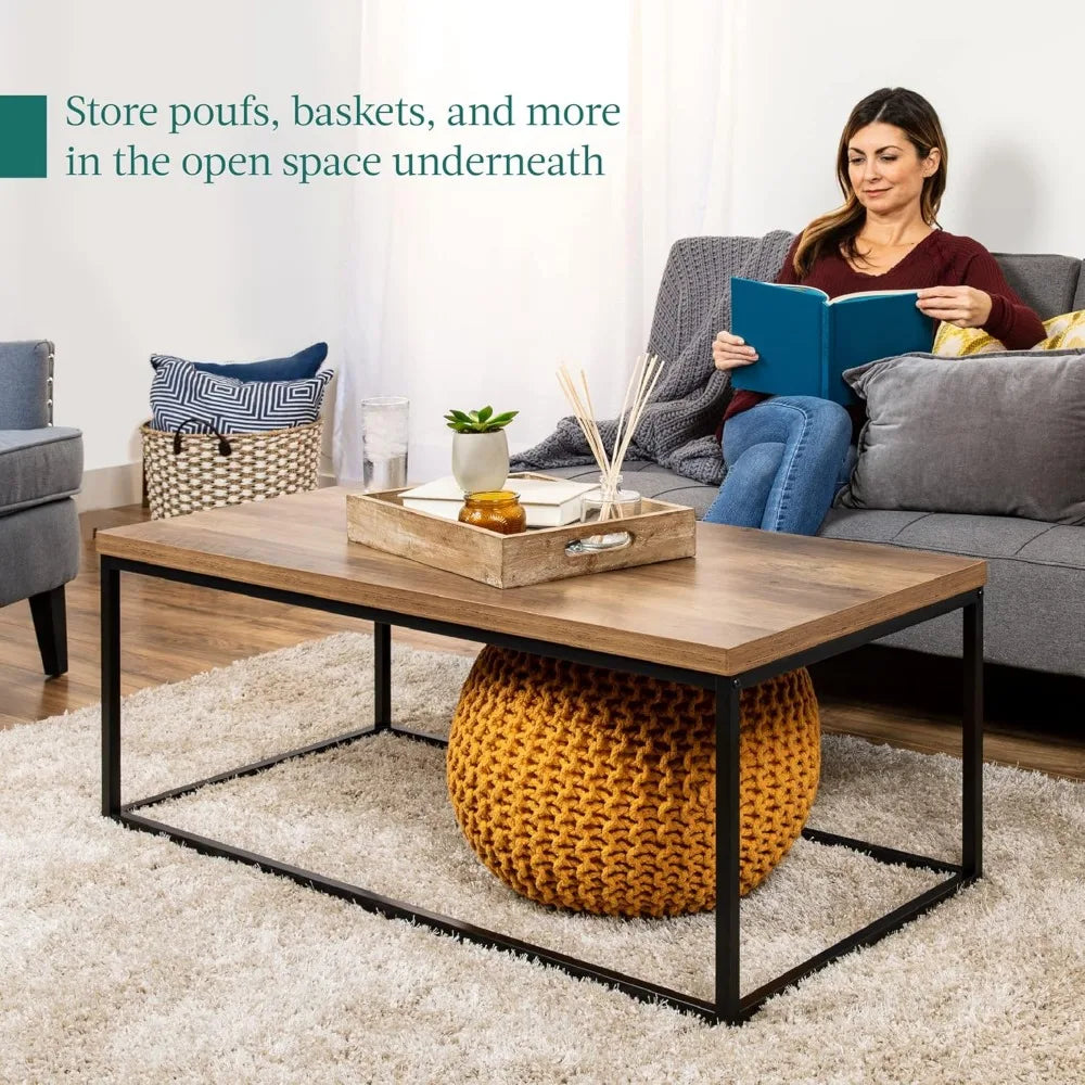 44in Modern Industrial Style Rectangular Wood Grain Top Coffee Table, for Living Room w/Metal Frame