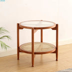 JOYLIVE Rattan Coffee Table Japanese Double Layer Detachable Solid Wood Table Glass Round Home Small Table 2022 New Dropshipping