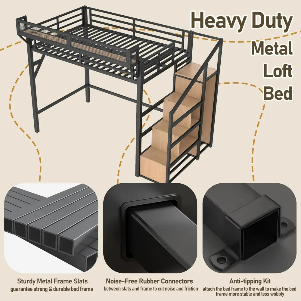 Queen Size Metal Loft Bed Frame with Storage Stairs, Side Shelf, Wardrobe, USB Ports, and LED Lighting