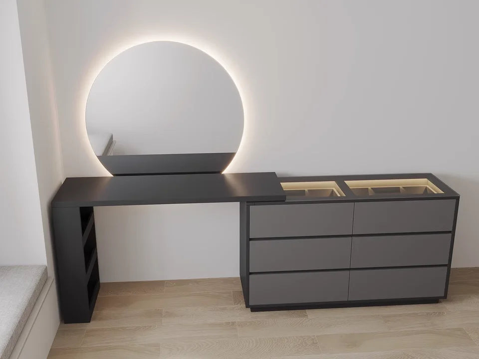 Minimalist Extendable Dresser Integrated Glass & Solid Wood Large Round Mirror 6-drawer For Makeup Table Bedroom