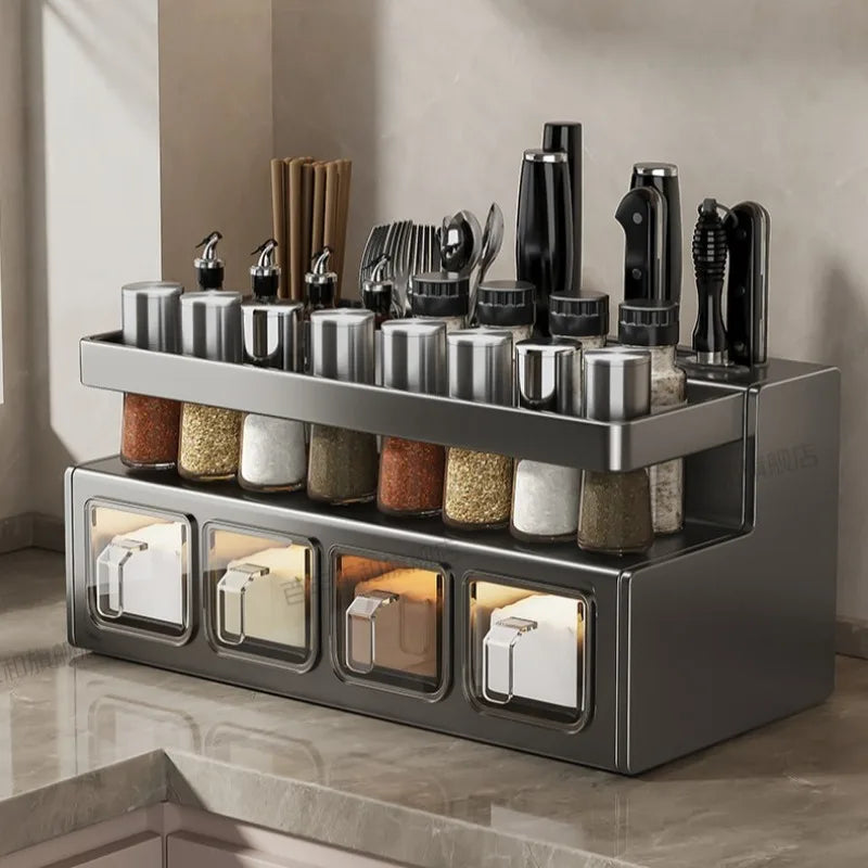 No-Drill Kitchen Storage Rack Multi-Function Countertop Spice Holder Chopstick Organizer Kitchenware Storage Solution