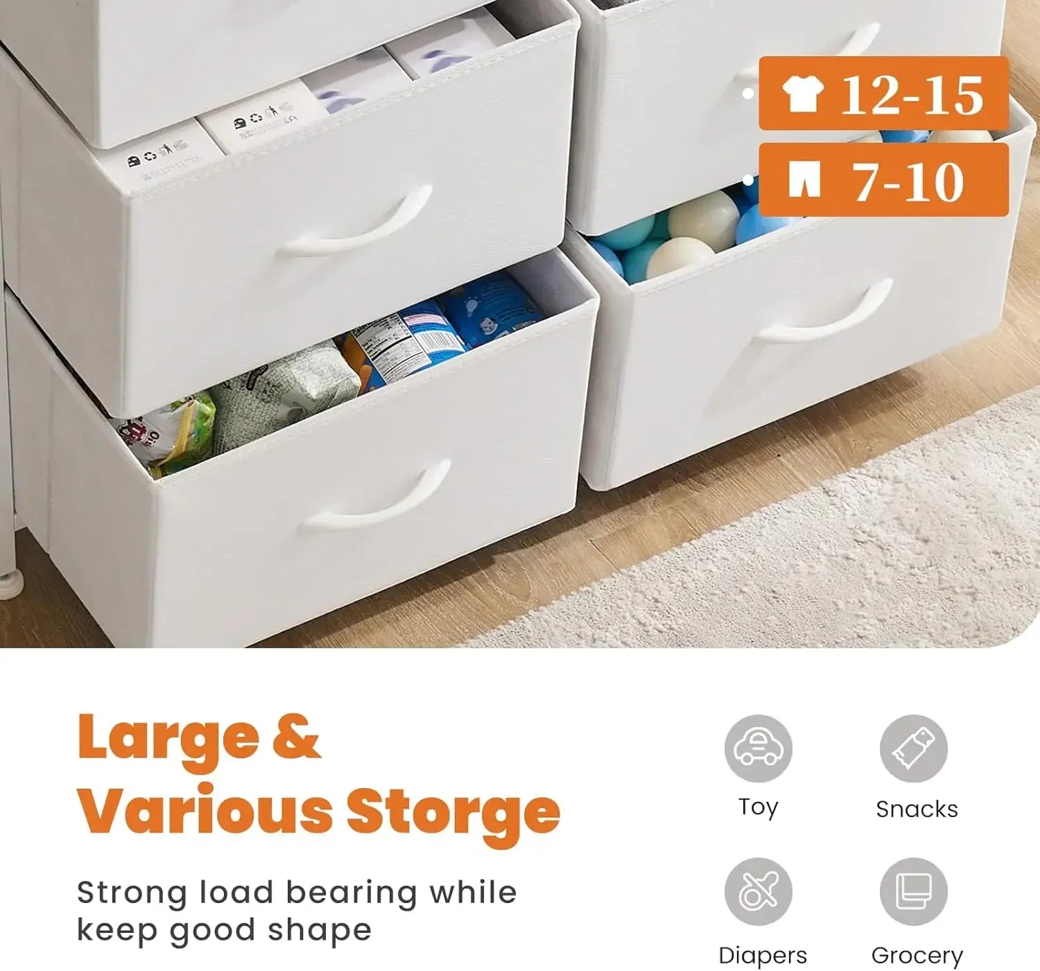 Dresser, Dresser for Bedroom Furniture, Storage Drawers, Fabric Storage Tower with 10 Drawers, Chest of Drawers with Steel Frame