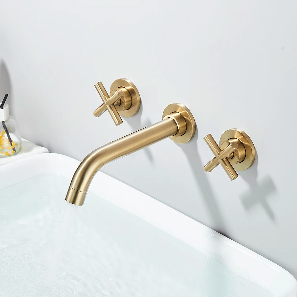 Brushed Golden Basin Faucet Wash Basin Sink Faucet Bathroom Basin Taps Wall Mounted Hot Cold Water Mixer Tap Bathtub Mixer