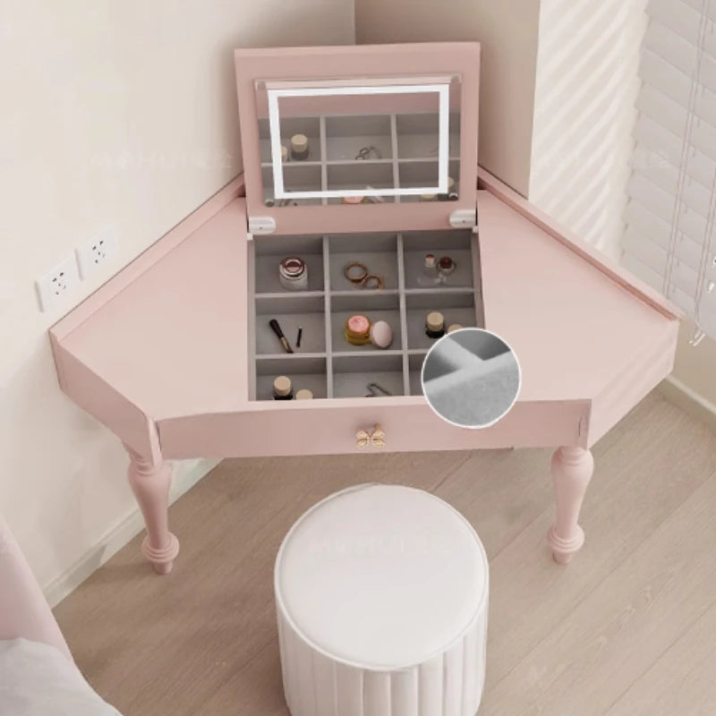 Flip Lights Storage Vanity Table Mirror Drawers Woman Small Cabinet Bedroom Dressers Girl Makeup Pink Coiffeuse Furniture Home