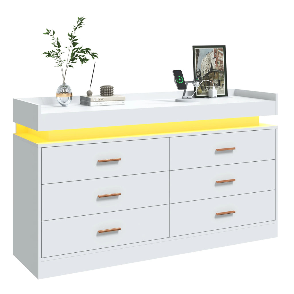 6 Drawer Dresser with LED Light and Charging Station, Modern Chest of Drawers for Closet, Wide Drawer Organizer Cabinet