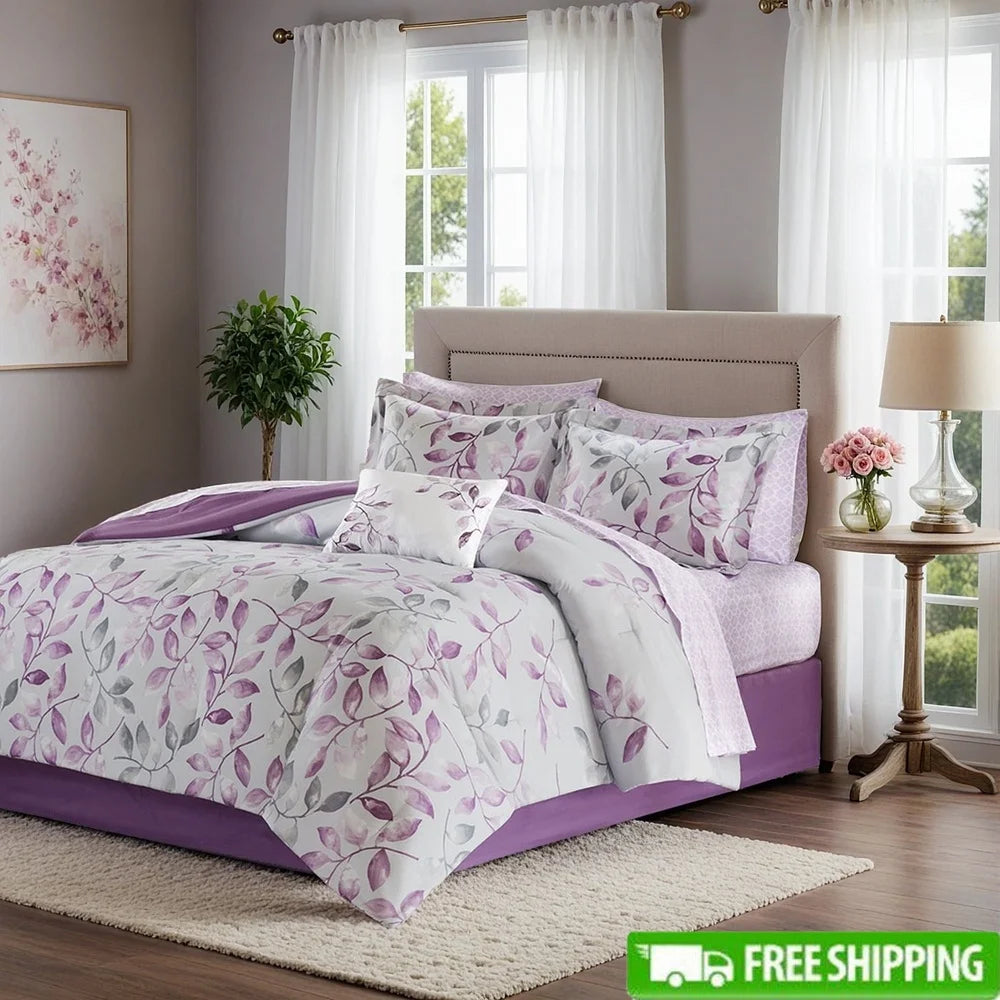 California King 9 Piece Botanical Comforter Set Cotton Bed in A Bag with Bedskirt Floral Design Elegant Shams Decorative Pillow