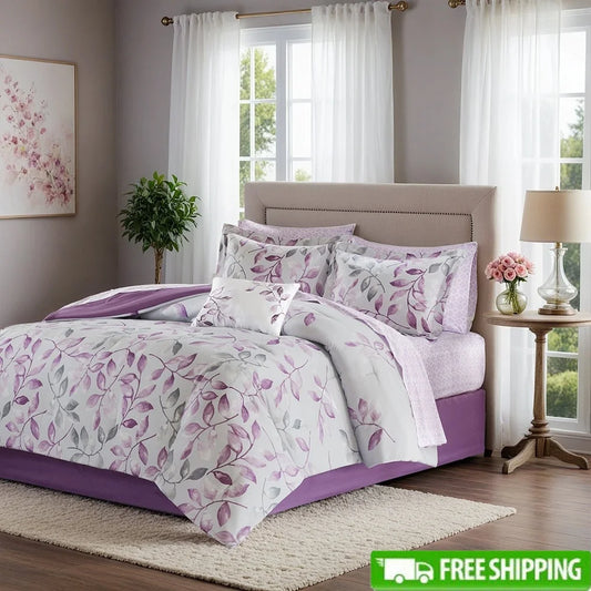 California King 9 Piece Botanical Comforter Set Cotton Bed in A Bag with Bedskirt Floral Design Elegant Shams Decorative Pillow