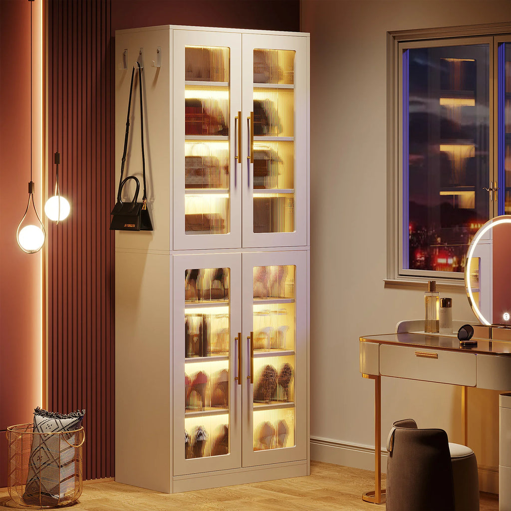 Tribesigns Tall Shoe Cabinet with Acrylic Doors and LED Lights, 8-Tier Entryway Shoe Storage Rack with Adjustable Shelves