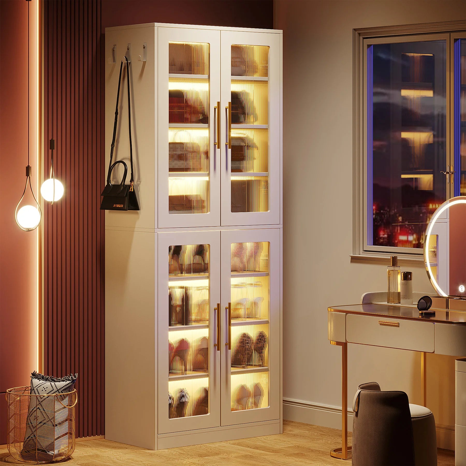 Tribesigns Tall Shoe Cabinet with Acrylic Doors and LED Lights, 8-Tier Entryway Shoe Storage Rack with Adjustable Shelves