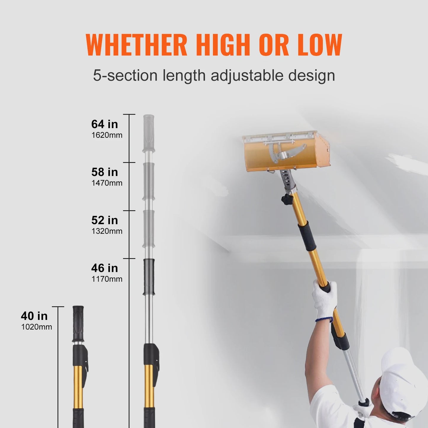 VEVOR Drywall Flat Box Handle 40''-64'' Anodized Aluminum 5-Section Length Adjustable Non-Slip Grip for Plasterboard, Wallboard