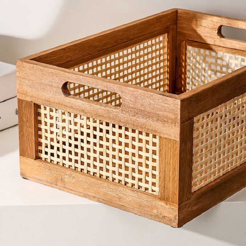 Kitchen Desktop Solid Wood Storage Box Retro Rattan Basket Book Snacks Cosmetics Organizer Home Appliance Bathroom Accessories