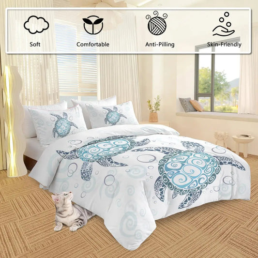 Aqua Teal Sea Bedding Set - 3-Piece Twin Duvet Cover with Pillowcases - Ocean Beach Theme
