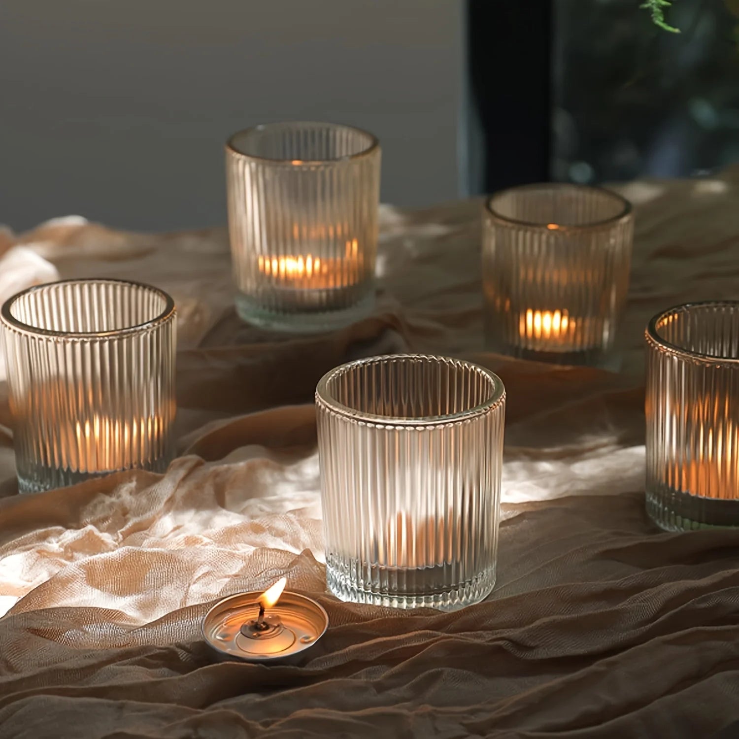 12-piece Candle Holder for Wedding Decoration, Clear Glass Tealight Candlestick, Vintage Striped Tealight Candle Holder