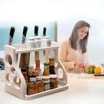 2026 Kitchen floor shelf double-layer kitchen utensils knife rack seasoning rack multi-function storage organizer