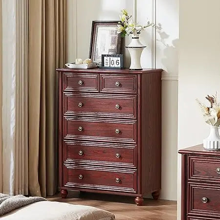 Farmhouse 6 Drawer Dresser, Chest of Drawers for Bedroom, 43.5" Tall Blue Dresser with Roman Column and Metal Handles, Rustic Wo