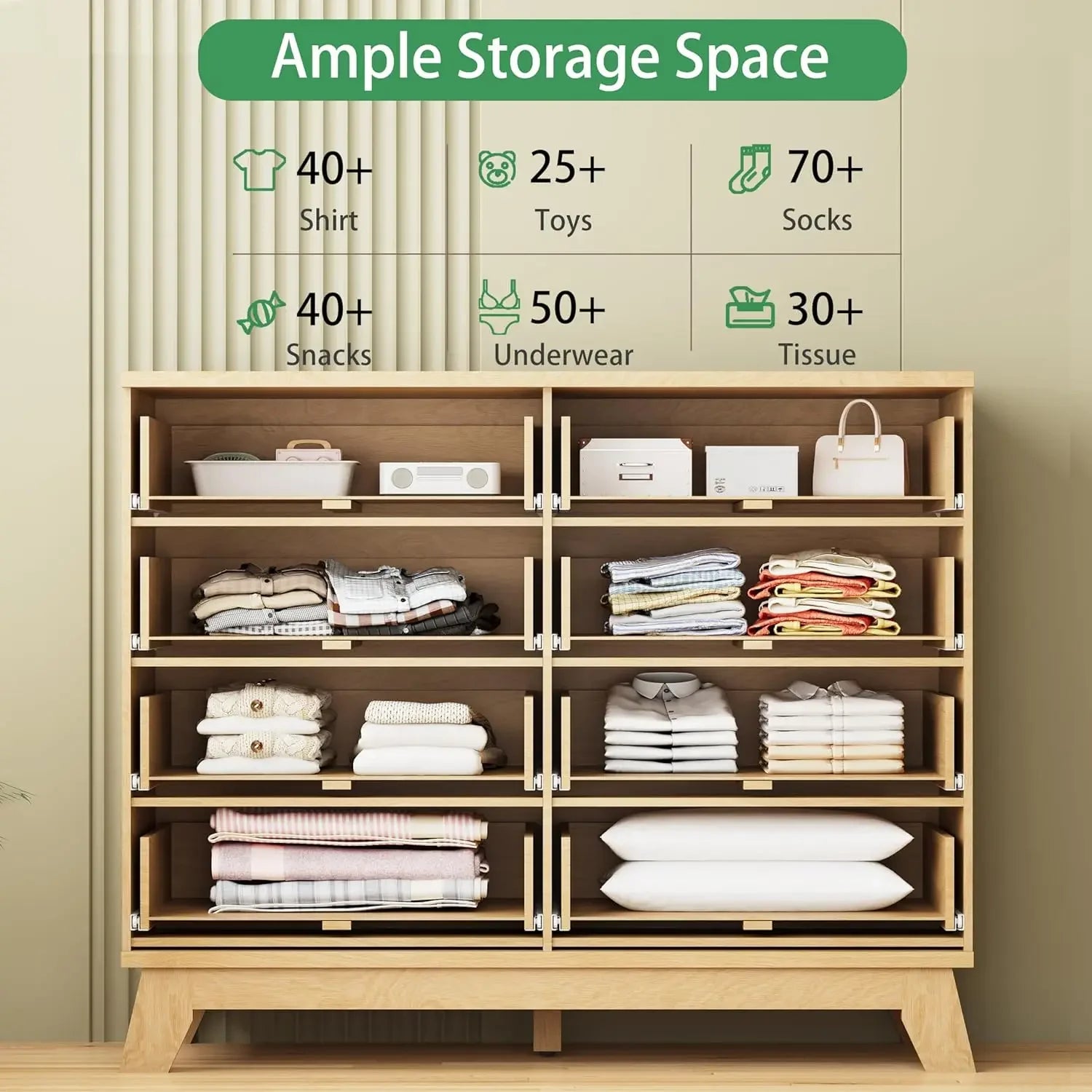 Fluted Dresser for Bedroom with 8 Drawers, 48" Wide Modern Chest of Drawers with Metal Handle, Wooden Dresser TV Stand, Wood