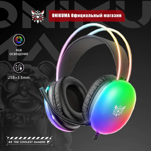ONIKUMA Professional Gaming Headset with RGB Dynamic Lighting Wired Over-Ear Headset with Noise Canceling Microphone for PC