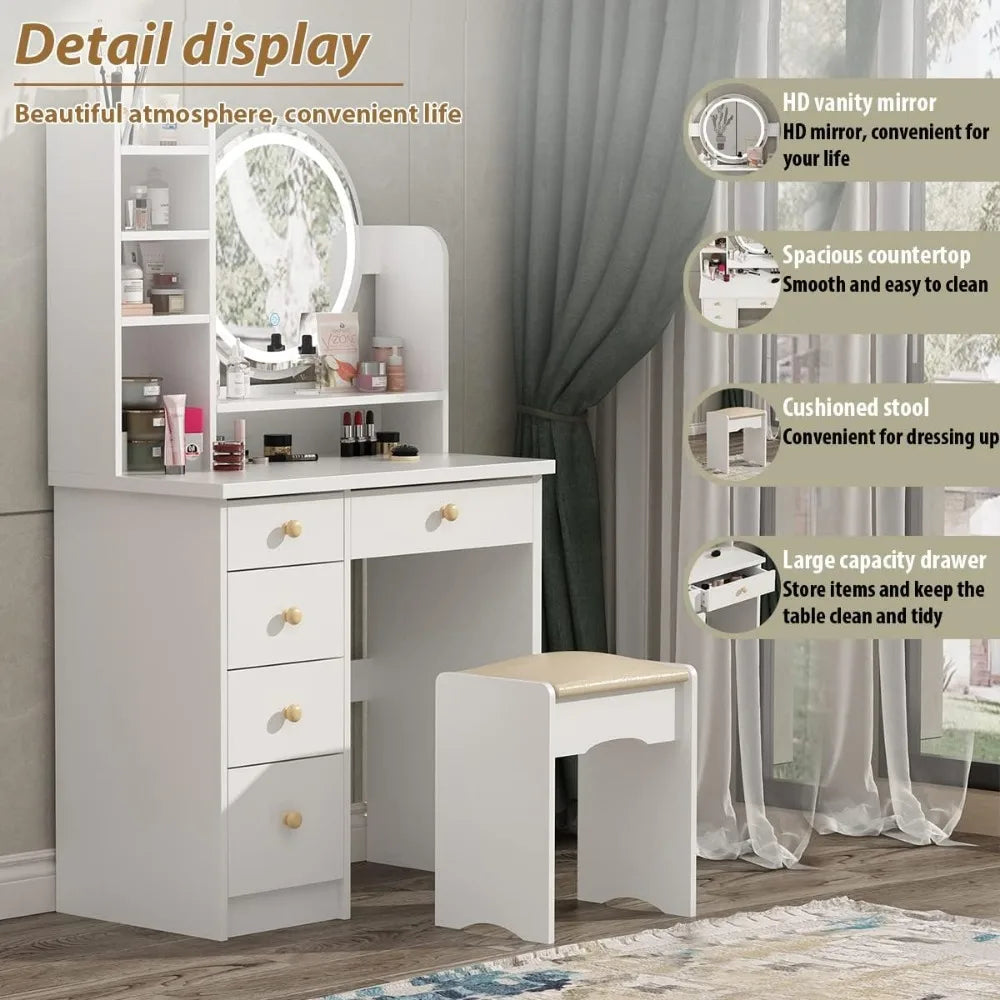 FUFU&GAGA White Vanity Set with Round Lighted Mirror, Makeup Vanity Dressing Table with 5 Drawers, Shelves, Dresser Desk and Cus