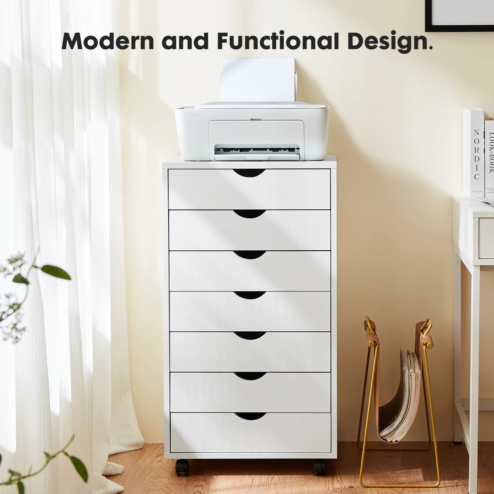 JHK 7 Drawer Chest Dressers Nightstand Storage Cabinet Wooden File Office Mobile Cabinet Wheels Living Room Organizer Rolling