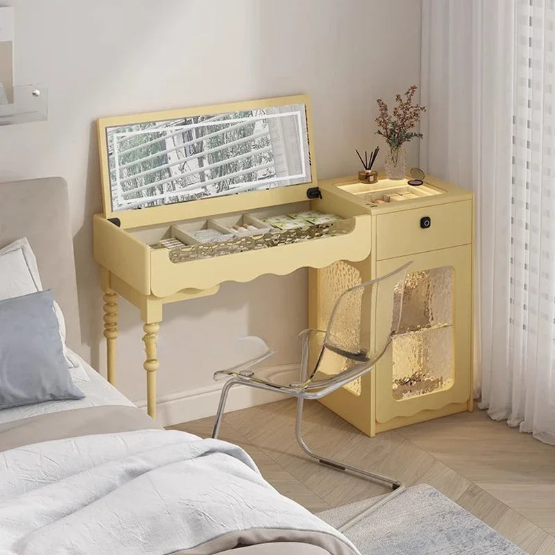 Simple Hairstyles Makeup Vanities Tables Mirror Flip Pink Light Bedroom Dressers Makeup Drawers Small Penteadeira Furniture Home